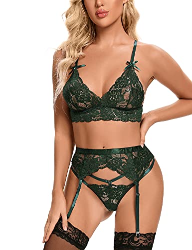 Aranmei Frauen Sexy Dessous Set mit Strumpfband Gürtel 3 Stück Spitze BH und Höschen für Frauen Frech Babydoll Bodysuit, grün, 36 von Aranmei