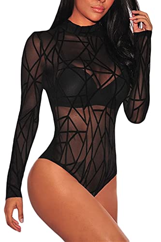 Aranmei Damen Jumpsuit Lingerie Bodycon Bodysuit Lingerie Langarm Unterw?sche Outfit Netzeinsatz Netz Top Overalls für Damen Schwarz Gestreift Schwarz Gestreift von Aranmei