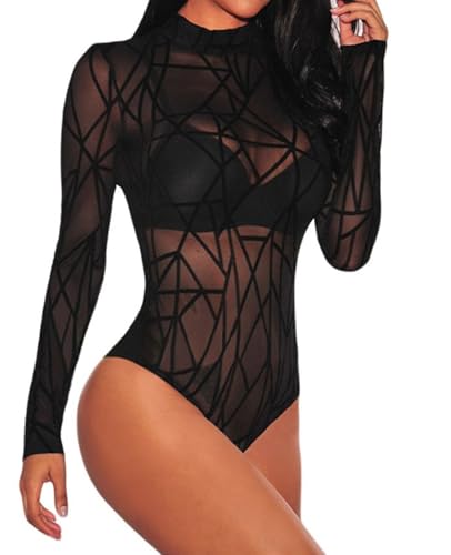 Aranmei Damen Jumpsuit Lingerie Bodycon Bodysuit Lingerie Langarm Unterw?sche Outfit Netzeinsatz Netz Top Overalls für Damen Schwarz Gestreift Schwarz Gestreift von Aranmei