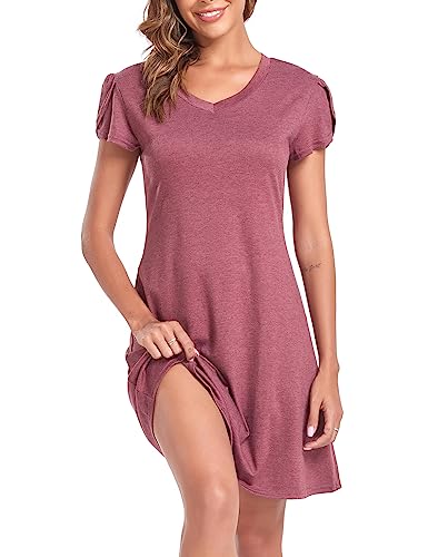 Aranmei Damen Nachtwäsche Kurzarm Baumwolle Nachthemd Full Slip Nachthemd Loungewear Nachtwäsche Nachthemd, weinrot, 42 von Aranmei