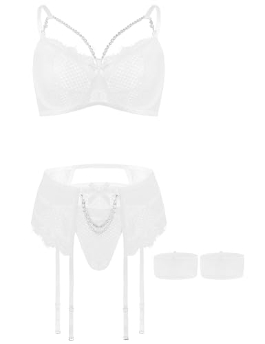 Aranmei Dessous Set für Frauen Sexy 4 Stück Dessous Set mit Oberschenkelmanschetten Unterwäsche mit Oberschenkel Strumpfband Keine Strümpfe, weiß, 36 von Aranmei