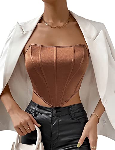 Aranmei Damen Sexy Bustier Trägerlos Offener Rücken Satin Bustier Rücken Korsett Bodyshaper Crop Top,braun,36 von Aranmei