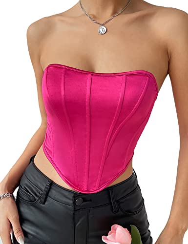 Aranmei Damen Sexy Bustier Trägerlos Offener Rücken Satin Bustier Rücken Korsett Bodyshaper Crop Top,rosarot,36 von Aranmei