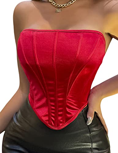 Aranmei Damen Sexy Bustier Trägerlos Offener Rücken Satin Bustier Rücken Korsett Bodyshaper Crop Top,weinrot,38 von Aranmei