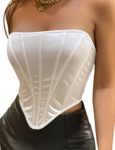 Aranmei Damen Sexy Bustier Trägerlos Offener Rücken Satin Bustier Rücken Korsett Bodyshaper Crop Top,weiß,32 von Aranmei