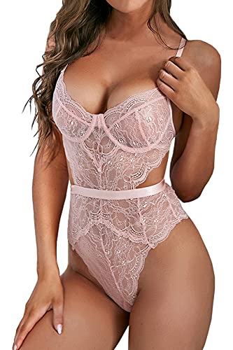 Aranmei Damen Sexy Dessous Bodysuit Spitze Teddy Druckknopf Schritt V-Ausschnitt Ausschnitt Einteiler Babydoll Bügel, rose, XX-Large von Aranmei