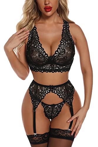 Aranmei Damen Sexy Dessous Set mit Hosenträgern Set Tiefer V Ausschnitt Spitze BH und Panty Strumpfgürtel Dessous Set (keine Strümpfe), Schwarz , 38 von Aranmei