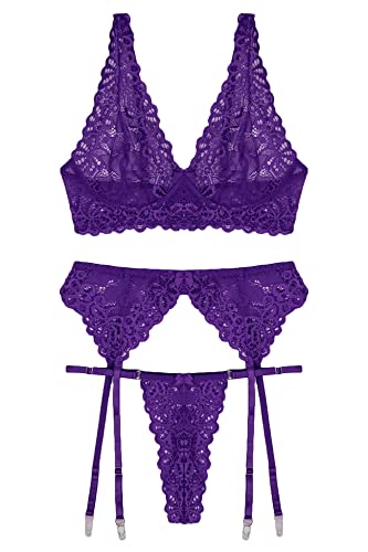 Aranmei Damen Sexy Dessous Set mit Hosenträgern Set Tiefer V Ausschnitt Spitze BH und Panty Strumpfgürtel Dessous Set (keine Strümpfe), violett, 46 von Aranmei