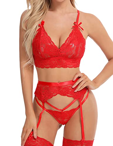 Aranmei Damen Sexy Dessous-Set mit Strumpfgürtel, 3-teiliges Spitzen-BH und Höschen für Frauen, freches Babydoll-Body, rot, 42 von Aranmei