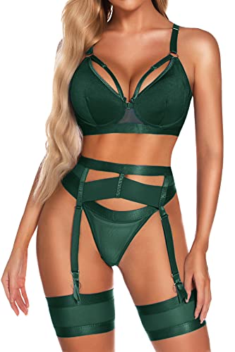 Aranmei Damen Sexy Dessous Set mit Strumpfgürtel, 4 Teilig Gothic Strapsen Dessous Set mit Strumpfband, Bügel BH und Höschen Sets Ausgeschnittenes, Ohne Strümpfe, Dunkelgrün, XL von Aranmei