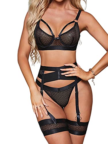 Aranmei Damen Sexy Dessous Set mit Strumpfgürtel, 4 Teilig Gothic Strapsen Dessous Set mit Strumpfband, Bügel BH und Höschen Sets Ausgeschnittenes, Ohne Strümpfe, Fischnetz, M von Aranmei