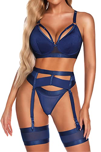 Aranmei Damen Sexy Dessous Set mit Strumpfgürtel, 4 Teilig Gothic Strapsen Dessous Set mit Strumpfband, Bügel BH und Höschen Sets Ausgeschnittenes, Ohne Strümpfe, Navy Blau, S von Aranmei