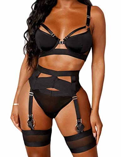 Aranmei Damen Sexy Dessous Set mit Strumpfgürtel, 4 Teilig Gothic Strapsen Dessous Set mit Strumpfband, Bügel BH und Höschen Sets Ausgeschnittenes, Ohne Strümpfe, Schwarz, XXL von Aranmei