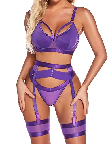 Aranmei Damen Sexy Dessous Set mit Strumpfgürtel, 4 Teilig Gothic Strapsen Dessous Set mit Strumpfband, Bügel BH und Höschen Sets Ausgeschnittenes, Ohne Strümpfe, Violett, L von Aranmei