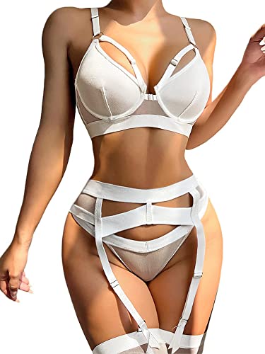 Aranmei Damen Sexy Dessous Set mit Strumpfgürtel, 4 Teilig Gothic Strapsen Dessous Set mit Strumpfband, Bügel BH und Höschen Sets Ausgeschnittenes, Ohne Strümpfe, Weiß, L von Aranmei