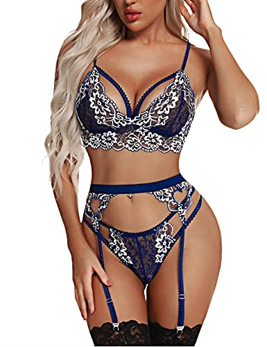 Aranmei Damen Sexy Dessous Set mit Strumpfhaltern 3 Stück Spitzen-BH und Panty Teddy Body Blau XL von Aranmei