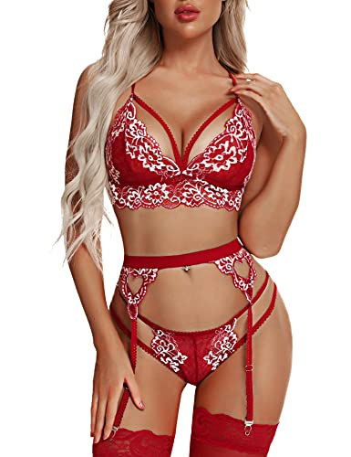 Aranmei Damen Sexy Dessous Set mit Strumpfhaltern 3 Stück Spitzen-BH und Panty Teddy Body Weinrot XL von Aranmei