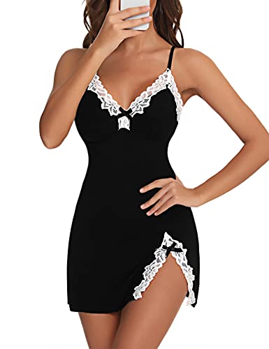 Aranmei Frauen Sexy Nachthemd Chemise Plus Größe Spitze Dessous Nachtwäsche V-Ausschnitt Full Slip Babydoll Nachthemd, Schwarz , 52 von Aranmei