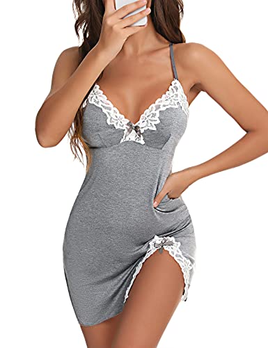 Aranmei Frauen Sexy Nachthemd Chemise Plus Größe Spitze Dessous Nachtwäsche V-Ausschnitt Full Slip Babydoll Nachthemd, dunkelgrau, 50 von Aranmei