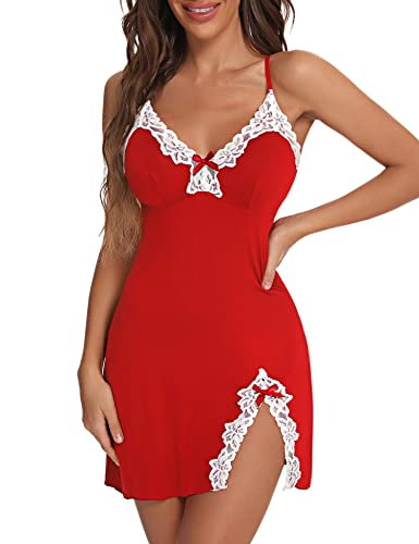 Aranmei Damen Sexy Nachthemd Chemise Übergröße Spitze Dessous Nachtwäsche V-Ausschnitt Full Slip Babydoll Nachthemd, rot, 42 von Aranmei