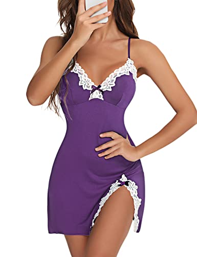 Aranmei Damen Sexy Nachthemd Chemise Übergröße Spitze Dessous Nachtwäsche V-Ausschnitt Full Slip Babydoll Nachthemd, violett, 46 von Aranmei