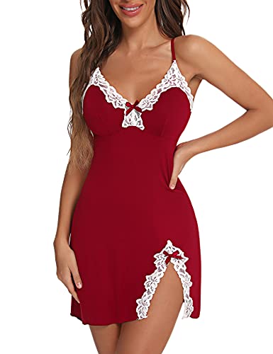 Aranmei Damen Sexy Nachthemd Chemise Übergröße Spitze Dessous Nachtwäsche V-Ausschnitt Full Slip Babydoll Nachthemd, weinrot, 46 von Aranmei