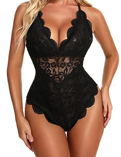 Aranmei Damen Sexy Snap Crotch Body One Piece Spitze Babydoll Dessous Teddy Schwarz XL von Aranmei