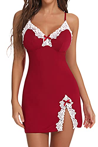 Aranmei Damen Sexy Spitze Unterkleid Nachthemd Nachtwäsche V-Ausschnitt Full Slip Babydoll Dessous Schlafkleid, Weinrot, Small von Aranmei