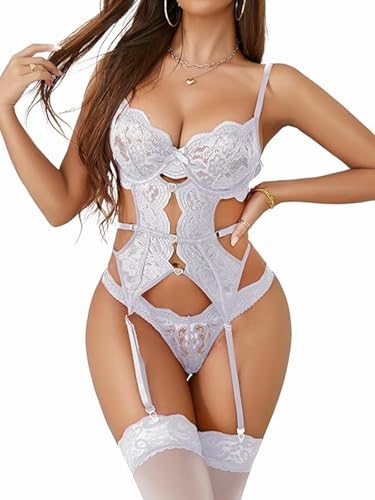 Aranmei Damen Sexy Spitzen-Dessous-Set mit Strapsen, Body Teddy mit Höschen von Aranmei