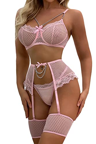 Aranmei Damen Sexy Wimpern Fischnetz Dessous Set Kette Babydoll Bügel BH und Panty Sets mit Strumpfgürtel 4 Stück, Helles Pink, Small von Aranmei