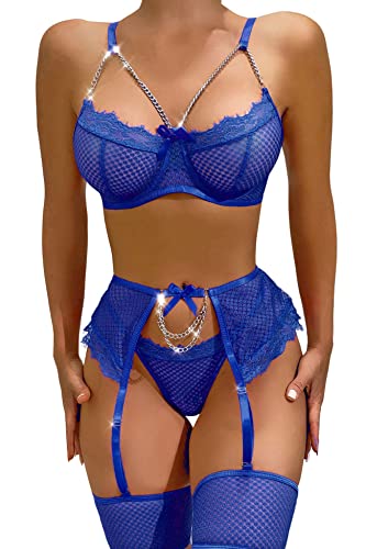 Aranmei Damen Sexy Wimpern Fischnetz Dessous Set Kette Babydoll Bügel BH und Panty Sets mit Strumpfgürtel 4 Stück, Königsblau, Medium von Aranmei