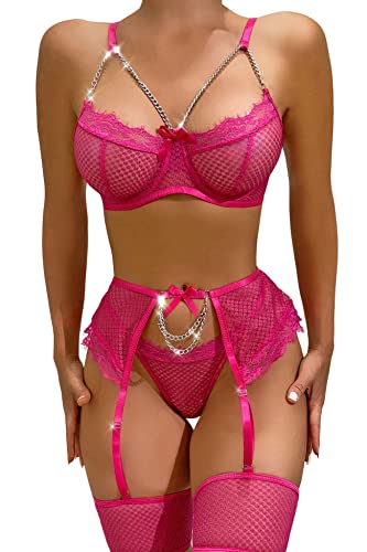 Aranmei Damen Sexy Wimpern Fischnetz Dessous Set Kette Babydoll Bügel BH und Panty Sets mit Strumpfgürtel 4 Stück, Rosenrot, Small von Aranmei