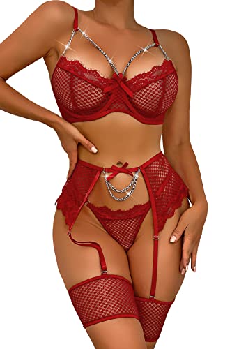 Aranmei Damen Sexy Wimpern Fischnetz Dessous Set Kette Babydoll Bügel BH und Panty Sets mit Strumpfgürtel 4 Stück, Weinrot, Large von Aranmei