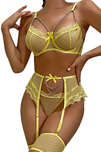 Aranmei Damen Sexy Wimpern Fischnetz Dessous Set Kette Babydoll Bügel BH und Panty Sets mit Strumpfgürtel 4 Stück, gelb, Large von Aranmei