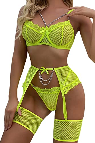 Aranmei Damen Sexy Wimpern Fischnetz Dessous Set Kette Babydoll Bügel BH und Panty Sets mit Strumpfgürtel 4 Stück, neon green, Large von Aranmei