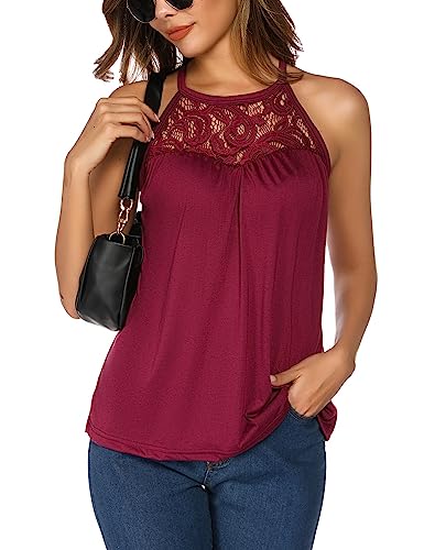 Aranmei Damen Sommer Ärmellos Plissee Spitze Neckholder Vest Tank Top, weinrot, X-Large von Aranmei