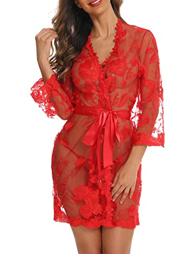 Aranmei Damen Spitze Kimono Robe Floral Babydoll Braut Dessous Mesh Nachthemd, rot, 38, M von Aranmei