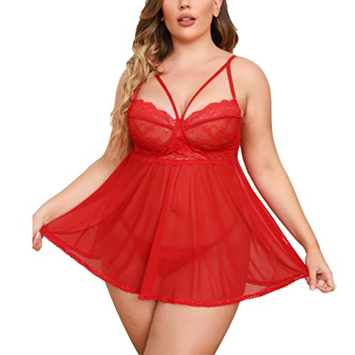 Aranmei Damen Spitze Negligee Übergröße Babydoll Dessous V-Ausschnitt Nachtwäsche Kleid Träger Chemise Nachthemd mit Höschen, Rot, XL von Aranmei
