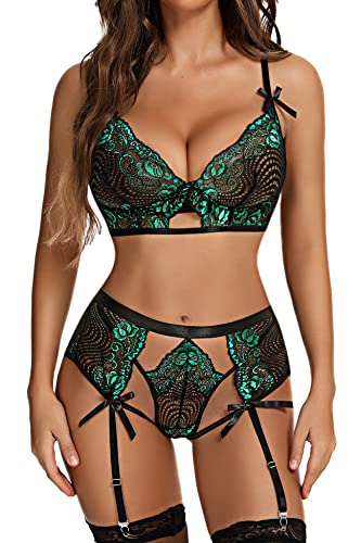 Aranmei Damen Strapsen Dessous Set Aushöhlen Spitze Florale BH und Höschen mit Strumpfband Fischnetz V-Ausschnitt Teddy Babydoll Lingerie, Grün, XL von Aranmei