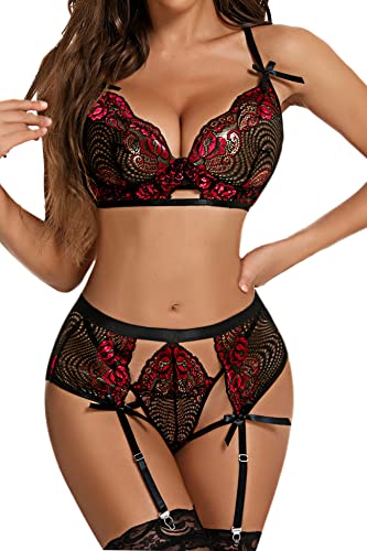 Aranmei Damen Strapsen Dessous Set Aushöhlen Spitze Florale BH und Höschen mit Strumpfband Fischnetz V-Ausschnitt Teddy Babydoll Lingerie, Rot, XL von Aranmei