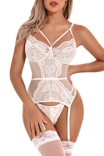 Aranmei Damen Strapsen Dessous Set Sexy Unterwäsche Reizwäsche Body Spitze V-Ausschnitt Nachtwäsche Unterwäsche Lingerie mit Strumpfband, Weiß, M von Aranmei