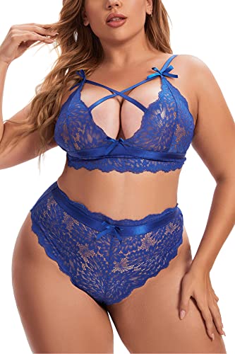 Aranmei Damen Übergröße Dessous Set Sexy Lingerie Unterwäsche Tiefer V Spitzen BH und Hohe Taille Slip Set Kreuzträger Bralette Set, Königsblau, 2XL von Aranmei