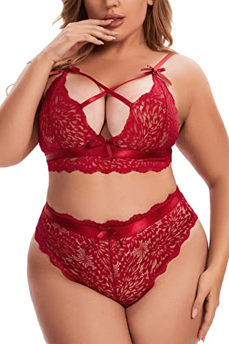 Aranmei Damen Übergröße Dessous Set Sexy Lingerie Unterwäsche Tiefer V Spitzen BH und Hohe Taille Slip Set Kreuzträger Bralette Set, Neu Weinrot, L von Aranmei