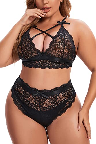 Aranmei Damen Übergröße Dessous Set Sexy Lingerie Unterwäsche Tiefer V Spitzen BH und Hohe Taille Slip Set Kreuzträger Bralette Set, Schwarz, 2XL von Aranmei