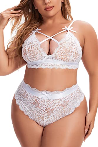 Aranmei Damen Übergröße Dessous Set Sexy Lingerie Unterwäsche Tiefer V Spitzen BH und Hohe Taille Slip Set Kreuzträger Bralette Set, Weiß, 3XL von Aranmei