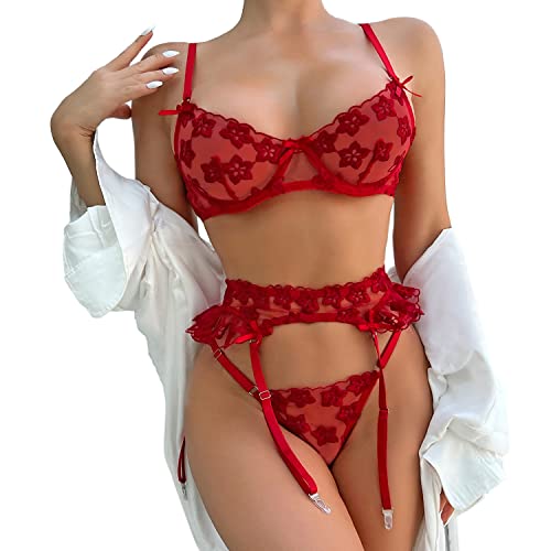 Aranmei Dessous-Set für Frauen 3-teiliges besticktes BH und Panty-Set mit Rüschen Strumpfgürtel Riemchen Sexy Dessous-Set mit Oberschenkel, rot, 46 von Aranmei