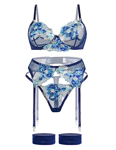 Aranmei Dessous-Set für Frauen 4-teiliges Dessous-Set mit Blumenstickerei Spitze Sheer Bügel BH mit G-String Oberschenkelbändern mit Strumpfgürtel Dessous Set, blau, 36 von Aranmei