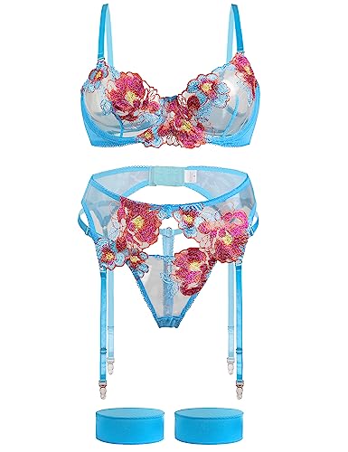 Aranmei Sexy Dessous Set für Frauen Frech 4 Stück Dessous Set mit Blumen bestickte Spitze Sheer Bügel BH mit G-String Oberschenkel Bänder mit Strumpfgürtel Dessous Set, hellblau, S von Aranmei