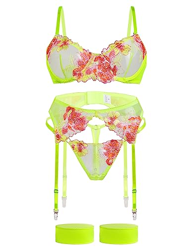 Aranmei Dessous-Set für Frauen 4-teiliges Dessous-Set mit Blumenstickerei Spitze Sheer Bügel BH mit G-String Oberschenkelbändern mit Strumpfgürtel Dessous Set, leuchtend grün, 36 von Aranmei