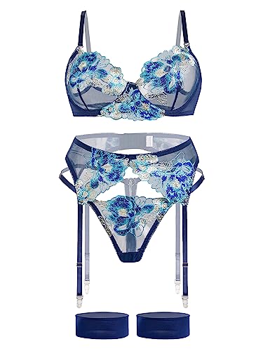 Aranmei Dessous Set für Frauen - 4-teiliges Set mit floraler Spitze, durchscheinender Bügel-BH, G-String, Oberschenkelbänder und Strumpfgürtel - Blau, L von Aranmei